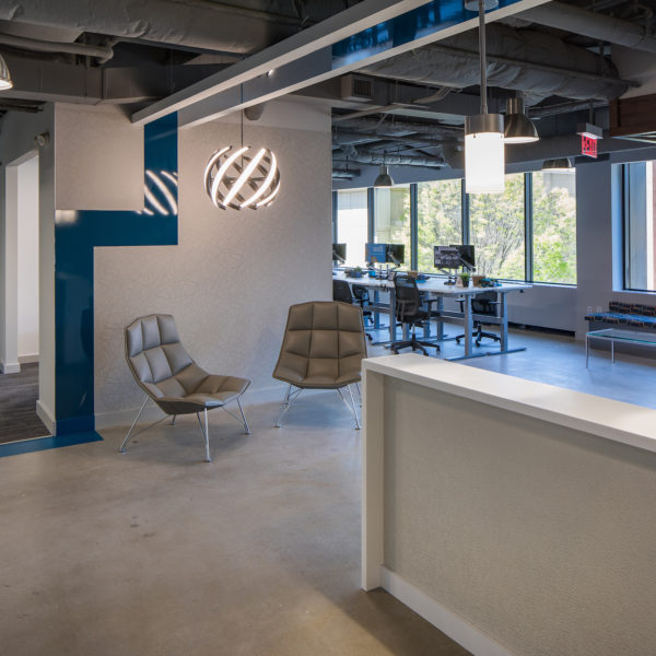 Waiting area, chairs, breakout room and windows inside 100 Peachtree Street in Atlanta.