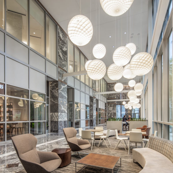 Lobby area with bar and seats at the 311 South Wacker building in Chicago.