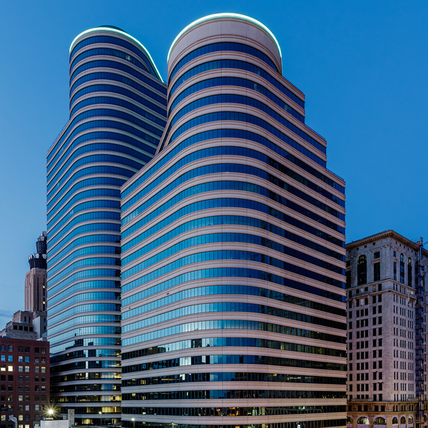 Fifth Street Towers buildings from the front in downtown Minneapolis, MN, as managed by Zeller.