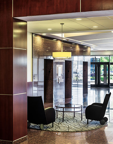 Lobby and chairs inside the Meridian Mark II office building managed by Zeller.