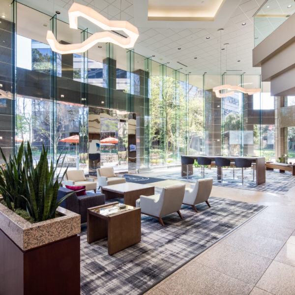 The Atlanta, GA, Zeller managed Premier Plaza office building lobby and chairs, scaled.