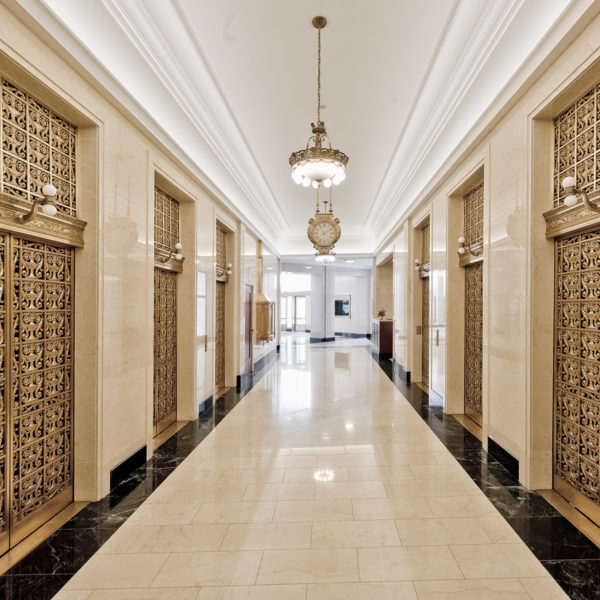 The elevators and hallway in the historic Wrigley Building in downtown Chicago, IL.